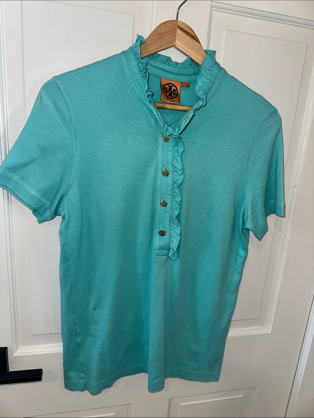 Tory Burch Turquoise Ruffle-Placket Short Sleeve Polo